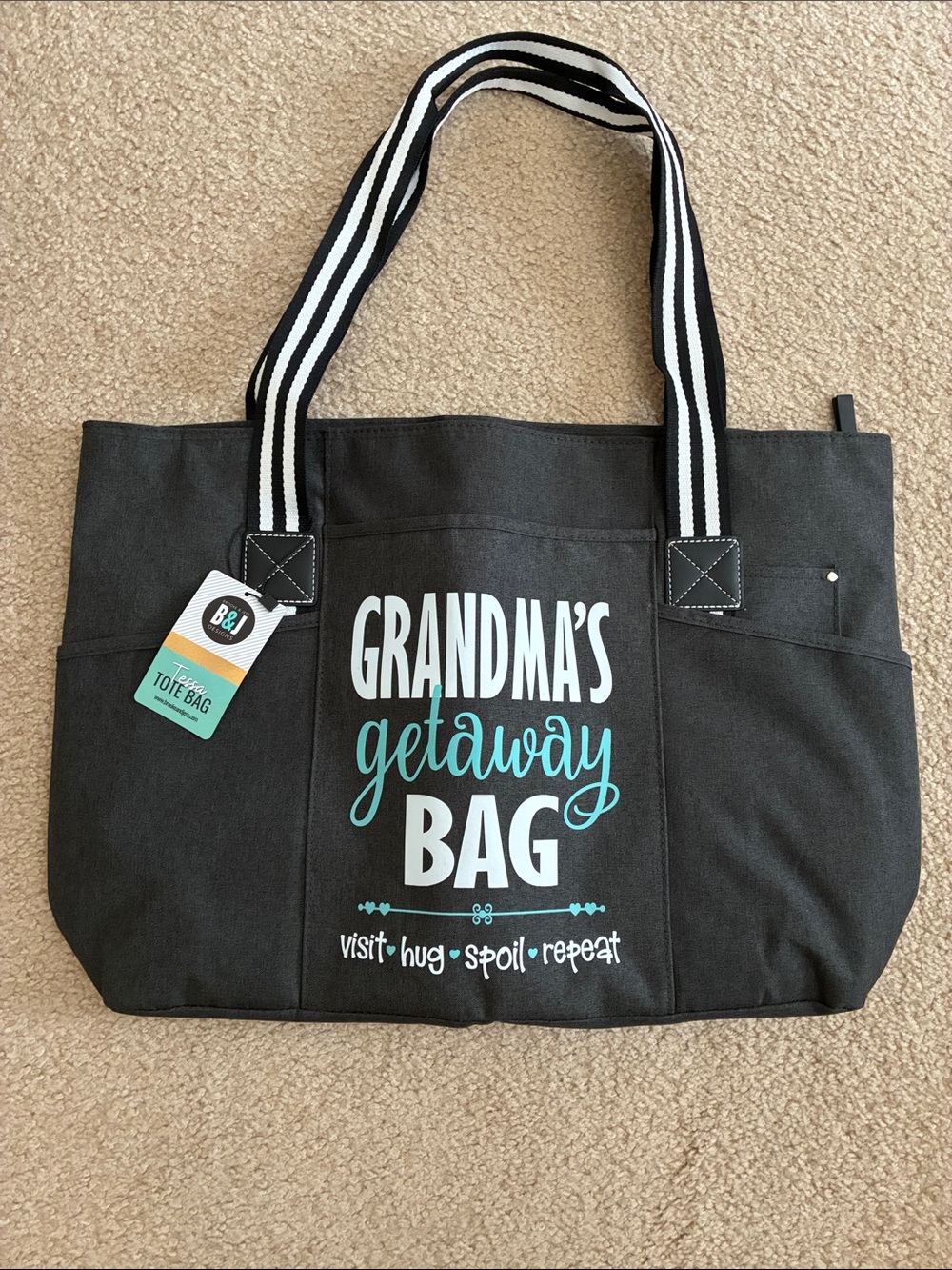 Grandma's Getaway Tote Bag - Black with Teal & White Accent